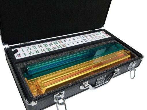 Set de Mah Jongg White Swan - Fichas Blancas/Burdeos - Brazos Empujadores Modernos - Estuche de Aluminio - Negro