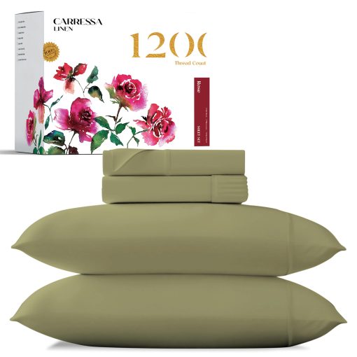 Juego de sabanas de lino de algodon egipcio Carressa King Size - Juego de sabanas King Size de 1200 hilos de algodon egipcio, sabanas de lujo King Size, suaves, frescas, sabanas de bolsillo profundo que se ajustan hasta 18 pulgadas - King Sage Green