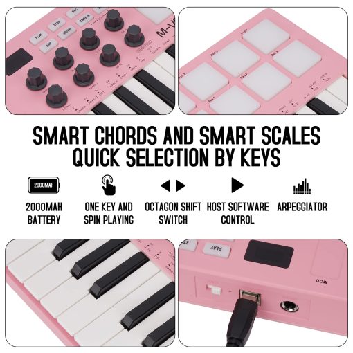 Controlador de Teclado MIDI USB de 25 Teclas M-WAVE con 8 Pads de Tambor Retroiluminados, Bluetooth, Teclado Profesional semipesado de 8 perillas y Produccion Musical, Software Incluido (Rosa) - Imagen 5