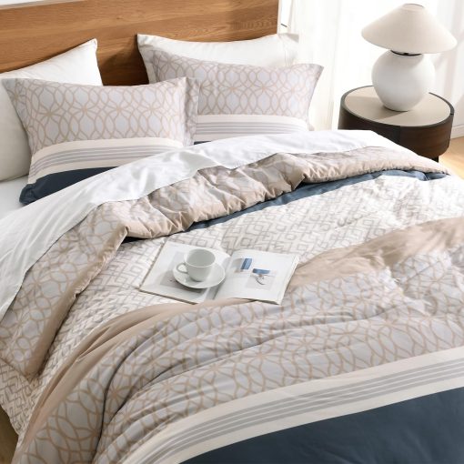 Edredon Queen Size DDUOXIN - Moderno Edredon de Algodon de Fibra Larga para Cama Queen, Suave Edredon de Invierno Azul Marino/Marron, 2 Fundas de Almohada