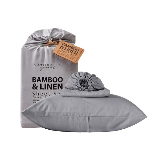Sabanas de Bambu y Lino Nueva Temporada - Tamano Queen, 80% Bambu 20% Lino, Juego de 4 Piezas de Sabanas de Bambu - Sabana Ajustable de 15" Bolsillo Profundo, Sabana Plana, 2 Fundas de Almohada (Queen, Gris)