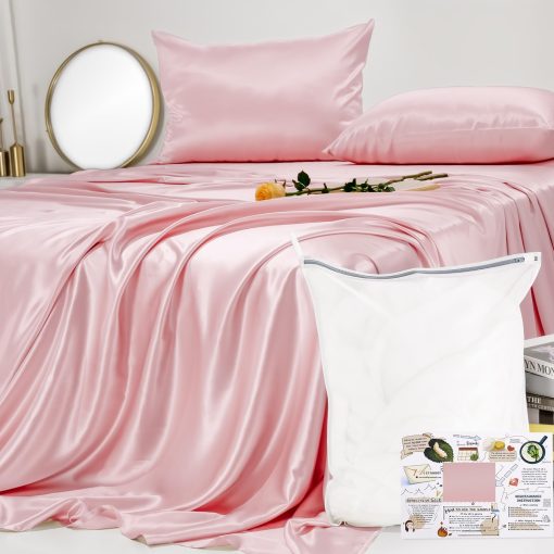 Juego de sabanas de seda Promeed mejorado de 23 mommes para cama individual XL 3 piezas, conjunto de cama de seda de mora de grado 6A+ con sabana bajera y sabana plana refrigerantes y fundas de almohada (Rosa, Individual/Individual XL)