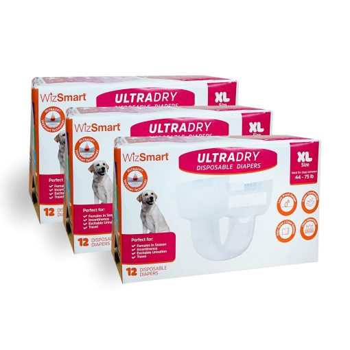 Panales Desechables UltraDry para Perros WizSmart | Panales para Perros Hembra | Ultra Absorbentes y Comodos (Extra Grande, 12)