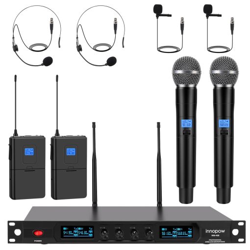 Sistema de Microfono Inalambrico de 4 Canales innopow, Microfono de Metal UHF Cuadruple sin Cable, 2 Microfonos de Mano, 2 Microfonos de Bolsillo, Larga Distancia 150-200 pies, Frecuencia Fija, 16 Horas de Uso para Canto de Karaoke, Iglesia
