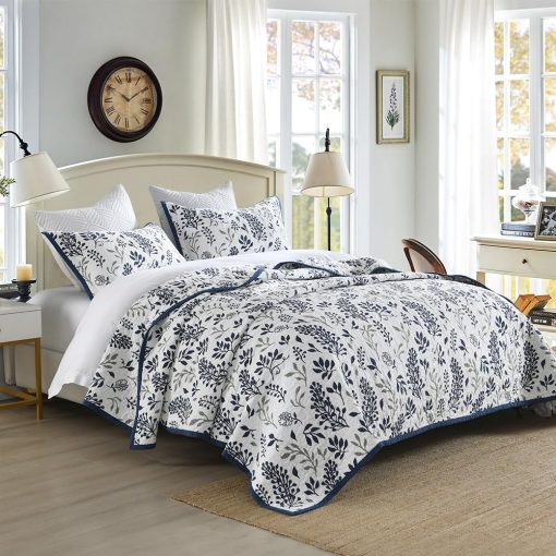 Edredon Floral Gris Azul BCOTTOND Tamano Queen - Juego de Edredon de Algodon 100% Funda de Cama Tamano Queen Ligero Reversible Suave Colcha de Cama Juego de Ropa de Cama para Todas las Estaciones de 3 Piezas - Imagen 2
