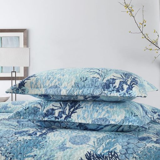 Juego de Colchas de Algodon de Ensueño Otoñal con Diseño Costero Reversible, Cobertores de Ropa de Cama, Edredones, Cama de Cuento de Hadas, Azul Oceano, Tamaño King - Imagen 6