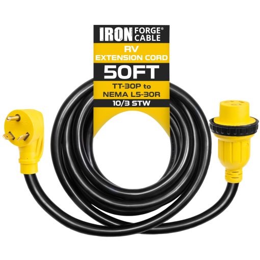 Cable de Extension para RV de 30 Amperios Iron Forge 50 Pies - 10/3 STW TT-30P a NEMA L5-30R Cable de Alimentacion para RV 125v
