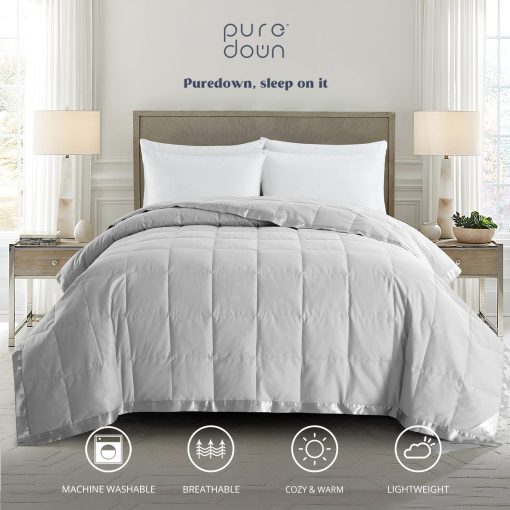 Mantas de Tamano King puredown - Mantas de Pluma Suaves y Ligeras para Todas las Estaciones, Manta de Cama de Lujo Calida y Acogedora con Ribete de Saten, Funda de Algodon, Gris Claro (108"X90") - Imagen 7