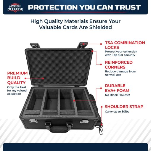 Estuche de tarjetas clasificadas de Hobby Defense Premium de 4 filas con candado de combinacion TSA, espuma DuraGuard, 8 separadores, almohadilla de asa y correa para el hombro. Capacidad para hasta 140 tarjetas clasificadas por PSA, BGS, CSG, SGC (Diamante Negro) - Imagen 4