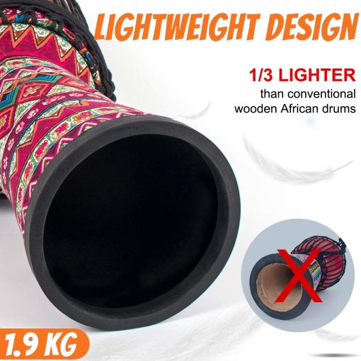 Djembe Drum, AKLOT Tambor Africano Cubierto de Tela de Cabra con Parche de Tambor de 10'' x 20'' Resina ABS Ligero para Principiantes (Rojo Floral) - Imagen 4