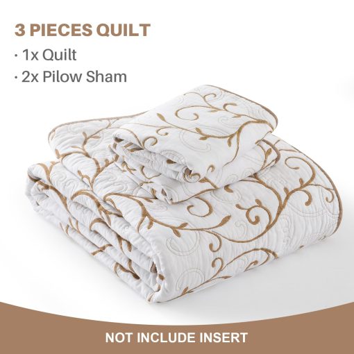 Juego de colchas Finestichery tamano queen - Colcha de algodon al 100% para cama queen, colchas de vina bordadas, juego de ropa de cama acolchado de estilo campestre con fundas de almohada, edredon ligero para todas las temporadas, beige/blanco - Imagen 5