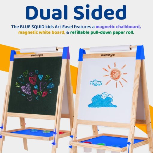 Caballete de Arte Azul Squid para Ninos - Caballete de Madera Ajustable de Doble Cara con Pizarra Magnetica, Pizarra Blanca y Rollo de Papel - Incluye Mas de 100 Accesorios, Ideal para Ninos de 3 a 12 anos - Imagen 3