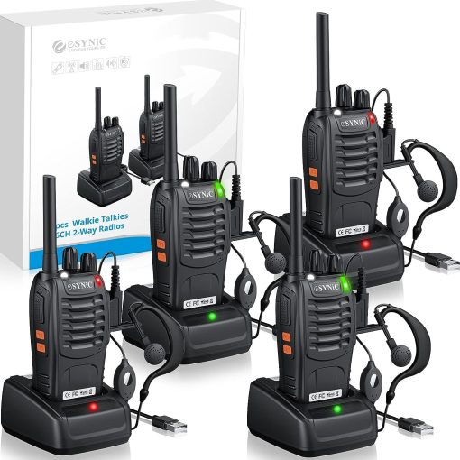 eSynic 4Pack Walkie Talkies Profesionales para Adultos 5KM/3 Millas Largo Alcance Mejores 16CH Walkie Talkies Recargables VOX Radio Walkie Talkies Con Audifonos Regalos Maravillosos Para Adultos Ninos etc