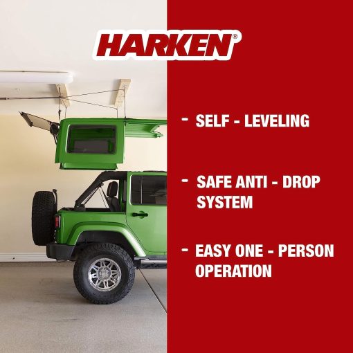 HARKEN - Polipasto de almacenamiento para techo duro de garaje para Jeep Wrangler y Ford Bronco, Auto-nivelante, Sistema anti-caidas seguro, Operacion facil para una sola persona, Capacidad de 45-175 libras - 7803.JEEP6T - Imagen 4