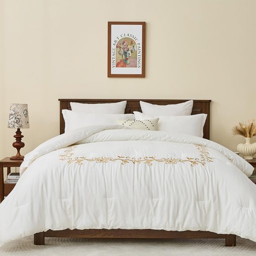 Juego de edredon de algodon egipcio de gran calidad SahSahCasa tamano Queen, Edredon esponjoso, Juego de ropa de cama de algodon 100% para cama Queen, Edredon acolchado floral bordado ligero, 90" x 90", 3 piezas, Blanco - Imagen 2