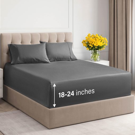 Juego de sabanas de 4 piezas tamaño Queen, 400 hilos, 100% algodon con bolsillos extra profundos - Transpirables y refrescantes - Juego de sabanas de lujo para cama - Suaves, sin arrugas y comodas color gris oscuro