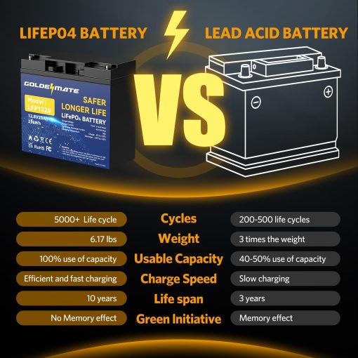 Bateria de ciclo profundo de litio LiFePO4 GOLDENMATE 12V 20 Ah (paquete de 2), 2000-7000 ciclos Bateria recargable de fosfato de hierro de litio con BMS para energia solar, motor de arrastre, buscador de peces, Power Wheels, camping - Imagen 3