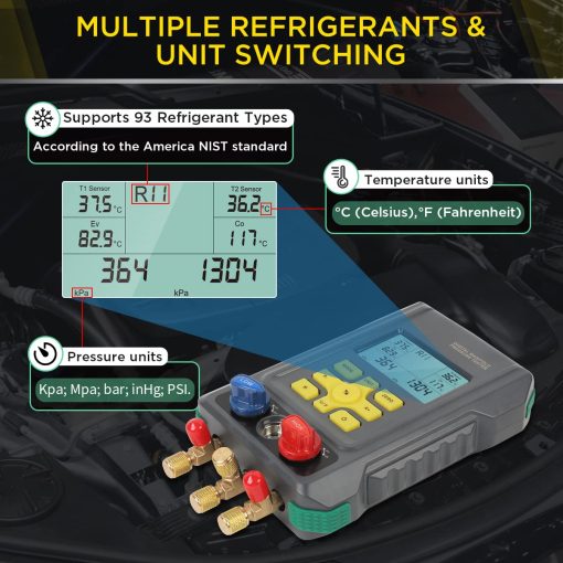 Juego de Manifolds Digitales para Aire Acondicionado CMTOOL para 93 Refrigerantes Juego de Manometros de Presion de Aire Acondicionado R134A R22 R12 R410A R1234YF Kit de Recarga de Refrigerante para Refrigeracion Digital - Imagen 7