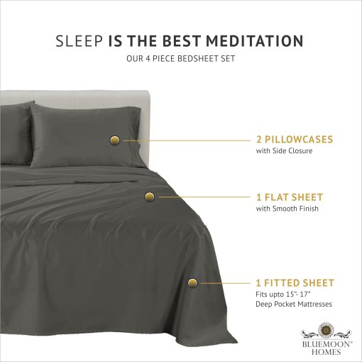 Juego de sabanas Full de 100% algodon Egipcio con 1000 hilos - Juego de sabanas para cama Full de 4 piezas con bolsillo profundo de 18", suave saten y juego de ropa de cama refrescante - Gris Oscuro - Imagen 3