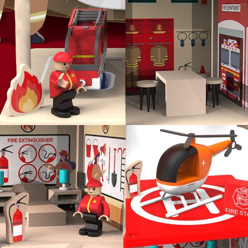 Juego de Estacion de Bomberos de Madera BBtinker, Munecos de Juguete de Juegos de Imitacion de 3 Niveles Multicolor con Figuras, Camion, Helicoptero y Accesorios, Juguetes Educativos de Aprendizaje Preescolar para Ninos Pequenos de 3 Anos en Adelante - Imagen 4
