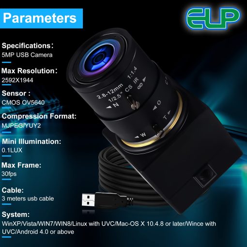 Camara USB de 5MP con Lente de Zoom de 2.8-12 mm Mini Camara UVC USB 2.0 con Enfoque Variable Camara para PC con Zoom Manual Camara de Enfoque Cercano Industrial Camara Web Varifocal para Raspberry Pi Laptop - Imagen 8