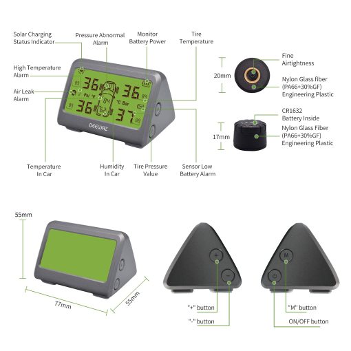Sistema de monitoreo de presion de neumaticos TPMS, 0-116 Psi, con 6 modos de alarma, intercambio de posicion de neumaticos, valor de presion frontal / trasera ajustable por el usuario, temperatura y humedad, carga solar y magnetica para automoviles de 4 ruedas - Imagen 4