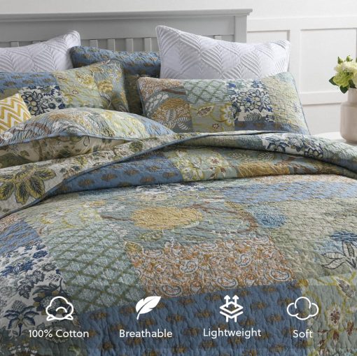 Camandy Colcha de Algodon Juego de Ropa de Cama 3 Piezas Reversible Edredon Conforter Paisley Floral Patchwork Verde Salvia, Tamano King - Imagen 2