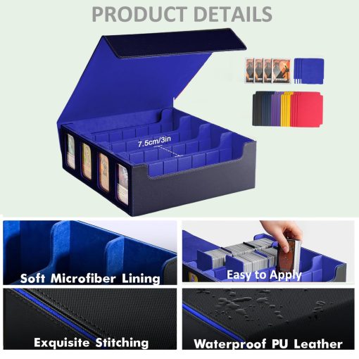 Caja de Mazo MTG, Estuche magnetico de almacenamiento de cartas de intercambio que contiene mas de 3000 cartas sin funda con 20 separadores coloridos y 4 soportes para cartas, caja de mazo de 4 filas para cartas de juego magico (azul y negro) - Imagen 5
