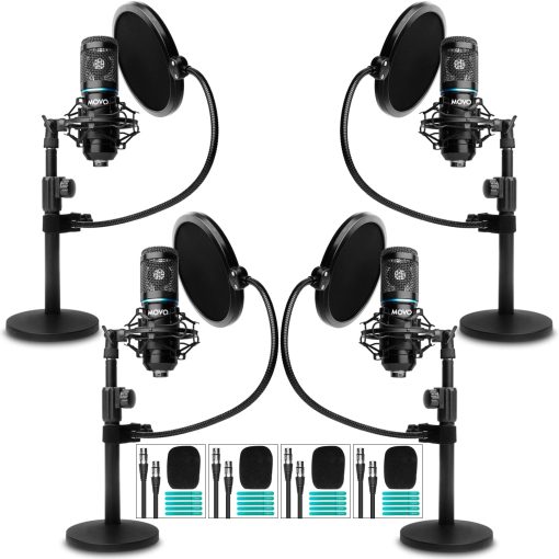 Paquete de 4 microfonos de condensador cardioides universales Movo PodPak4T para podcast - Incluye 4 microfonos, soportes de mesa, filtros pop, soportes anti-shock y cables para equipo de podcast