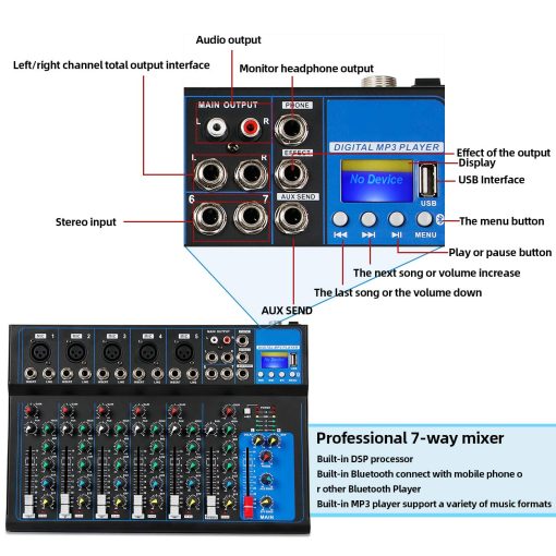Mezclador de audio portatil Depusheng HT7 Bluetooth con consola de mezcla de sonido DJ USB MP3 Jack 48V Power para grabacion de computadora, 7 canales de mezcla de bandas para grabacion de estudio - Imagen 3