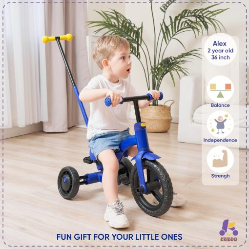 Triciclo KRIDDO 4 en 1 para ninos de 1.5 a 3 anos con manillar de direccion para padres, rueda delantera de 12 pulgadas, bicicleta de equilibrio para ninos de 18 meses a 3 anos, altura ajustable, azul - Imagen 4