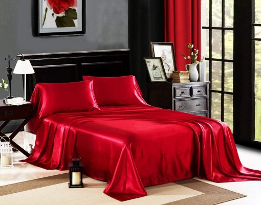 Juego de sabanas de saten de seda pura Vuvet Bedding |7 piezas| Sabana ajustada se adapta a colchones de hasta 15" de bolsillo profundo | Juego de sabana plana ajustada a funda de almohada | Resistente a las arrugas y decoloracion (Queen, Rojo sangre)