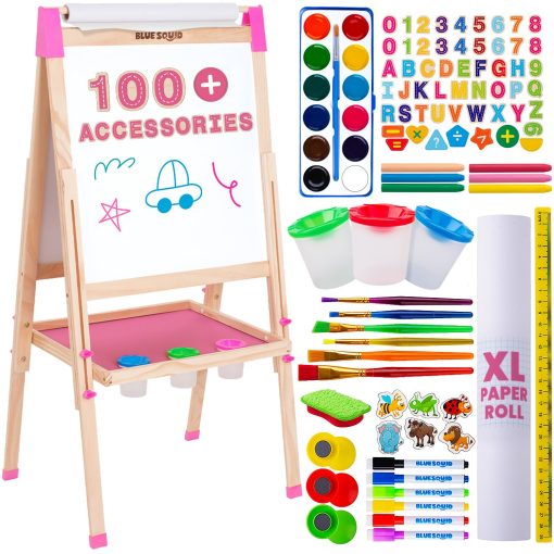 Caballete de Arte Blue Squid para Ninos - Caballete de Pintura de Madera Ajustable de Doble Cara con Pizarra Magnetica, Pizarra Blanca y Rollo de Papel - Incluye mas de 100 Accesorios, Ideal para Ninos de 3 a 12 Anos