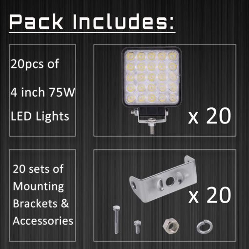 Luces de Trabajo LED SAN YOUNG para Camion Tractor, 4 Pulgadas 75W 7000lm 12V 24V Luces de Focos Impermeables Cuadrados para ATV UTV RV RZR Carro de Golf Barco, 20 Piezas - Imagen 6