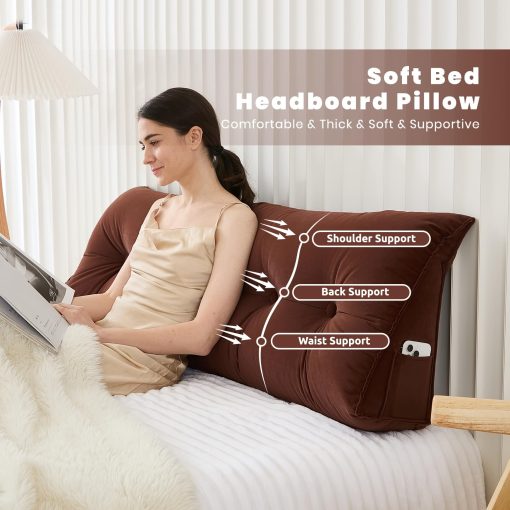 Almohada para cabecera Zelladorra para cama, almohada triangular de cuna para cabecera, soporte suave al leer y descansar, cojin para cabecera de cama con funda removible, cafe marron, tamano Queen (59"x8"x20") - Imagen 2