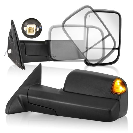 Par de Espejos de Remolque con Calefaccion para Dodge Ram 1500 2002-2008 / Ram 2500 3500 2003-2009 con Luz de Senal de Giro Extensible Plegable (Negro)
