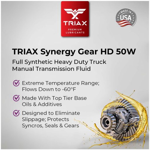 Aceite de Transmision Manual Sintetico Completo TRIAX Synergy Gear HD 50W, Lubricante de Engranajes, Compatible con Mack, ZF, Freightliner, Clasificacion de 500k Millas (1 Galon) - Imagen 4