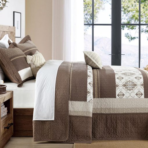 SahSahCasa Colcha Edredon de Reina de 120"x102" 100% Algodon, Juego de Colcha, Edredon Extra Grande, Cobertor de Cama XL, Relleno Ligero, 3 Piezas, Beige/Marron Oscuro - Imagen 3