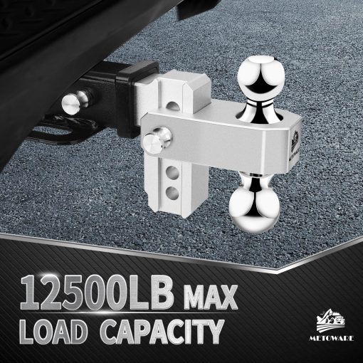 Enganche de remolque ajustable METOWARE - Enganche de remolque de aluminio que se ajusta a un receptor de 2 pulgadas - Enganche resistente con 4 pulgadas de caida/alzada para camioneta (12,500 libras de capacidad de remolque), Doble cierre de pasadores de acero inoxidable antirrobo - Imagen 2