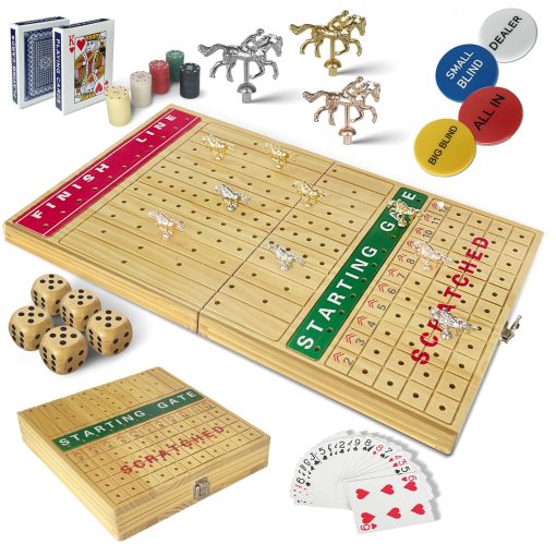 Juego de Mesa de Carreras de Caballos Grande 24" y Juegos de Casino Texas Holdem Blackjack con 14 Caballos de Metal, 100 Fichas, 2 Barajas de Cartas, Boton de Dealer y Ciego, y 5 Dados para Fiestas y Juegos de Azar