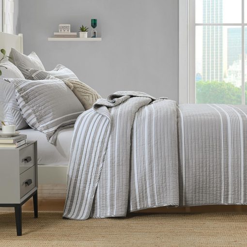 Quilta Juego de Edredon 100% Algodon Tamano Queen - Colcha Ligera Acolchada, Juego de Ropa de Cama a Rayas Gris 3 Piezas, Suave y Ligero Decoracion del Hogar para Todas las Estaciones, Gris/Blanco
