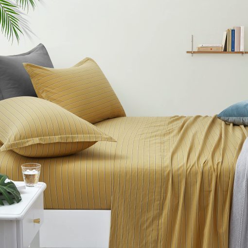 Juego de sabana ajustada de algodon lavado a rayas retro Eikei estilo moderno de mediados de siglo en tono mostaza suave look arrugado cama a juego a rayas relajado (Amarillo mostaza, King)