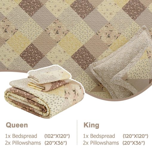 Colcha de Cama de 120"x120" Estilo Sobredimensionado California King de Finlonte, 100% Algodon Colcha Cal King Acolchada, Reversible Acolchado Extra Grande de Estilo Granja XL, Marron/Blanco Crema, 3 Piezas - Imagen 6
