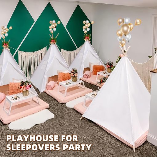6 PCS Tienda de Campana para Ninos Teepee, Tienda Boho Lavable Plegable para Ninos, Casa de Juegos para Ninas y Ninos Fiesta de Pijamas Cumpleanos (Blanco) - Imagen 3