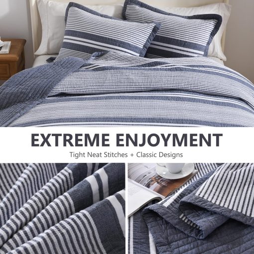 Juego de colcha de 100% algodon tamaño King, Juego de colcha King Bedding, Colcha de textura de gofre para cama King, Colcha reversible a rayas para cama ligera, 3 piezas, gris pizarra - Imagen 6