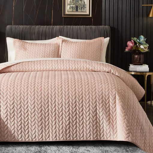Edredon de Terciopelo Ivellow King Size, Rosa Colcha Ligera Completa Suave Reversible para Todas las Estaciones, Juego de Cama de Lujo de 3 Piezas de Terciopelo con Microfibra Cepillada con Cubierta Acolchada Bordada de Hojas