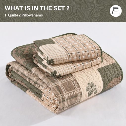 Juego de edredon SahSahCasa 100% algodon tamaño Queen, reversible de estilo rustico de cabaña de campo de granja, juego de ropa de cama, edredon ligero para cama Queen, 3 piezas, beige/verde grisaceo/marron - Imagen 7