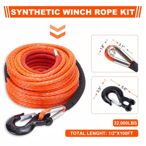 Kit de Cable de Cuerda Sintetica para Winch SPARKWHIZ: 1/2" x 100 pies de Linea de Winch de 32000 libras con Funda Protectora + Gancho para Vehiculo Todo Terreno 4WD Truck SUV UTV ATV - Imagen 3