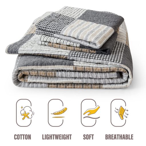 Colcha Escocesa King Size - 100% Algodon Colcha de Granja King con 2 Fundas de Almohada, Colcha Transpirable Ligera Juegos de Edredones Rellenos de Cama, Gris Marron, King(98 * 106 Pulgadas) - Imagen 3