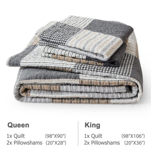 Juego de Edredon Queen Size de Cuadros de Finlonte - 100% Algodon, Colcha acolchada estilo country y farmhouse, Juego de Ropa de Cama Reversible Ligero, Gris Marron Negro Blanco, Colchon de Cama para Todas las Estaciones 3 Piezas - Imagen 6
